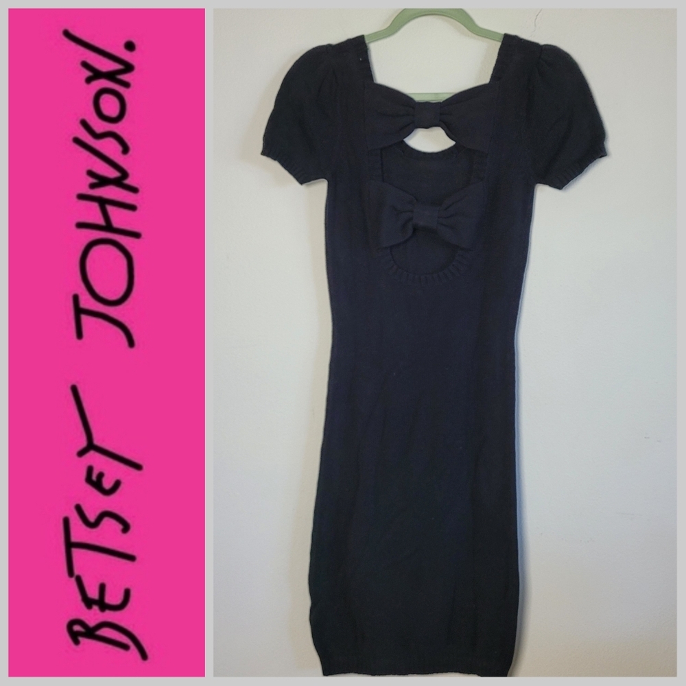 Betsey Johnson Black Sweater Dress Bow Back Short Sleeve Size XS